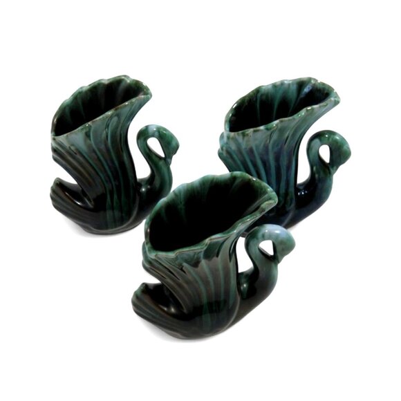 BMP Canada Green Ceramic SWAN Vases Trio Vintage Home Decor 6" Tall - Picture 3 of 11